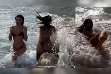 Jade Picon "leva um caldo" no mar de uma praia em Pernambuco (Foto: Reprodução)