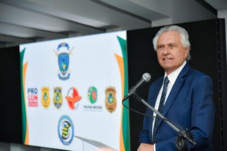 Caiado na apresentação de números da segurança pública em Goiás de 2023