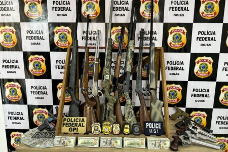 Foto coloria mostra armas e dólares apreendidos com CACs de Goiânia durante operação contra o tráfico internacional de munições dos EUA para Goiás (Foto: PF)