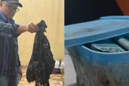 Dinheiro encontrado por idoso de Palmas estava dentro de pote de sorvete (Foto reprodução TV Anhanguera)