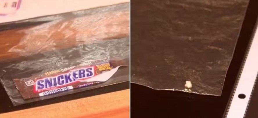 Mulher acha dente em barra de chocolate; dentista descarta que seja de humano Justiça contra a Mars, fabricante da barra Snickers