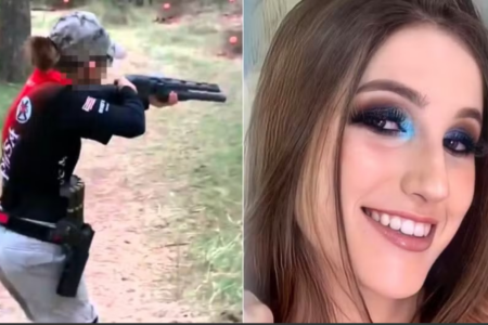 Jovem que matou melhor amiga com tiro no rosto no MT aparece em duas imagens: uma empunhando arma em competição de tiro e em retrato sorridente (Foto reprodução)
