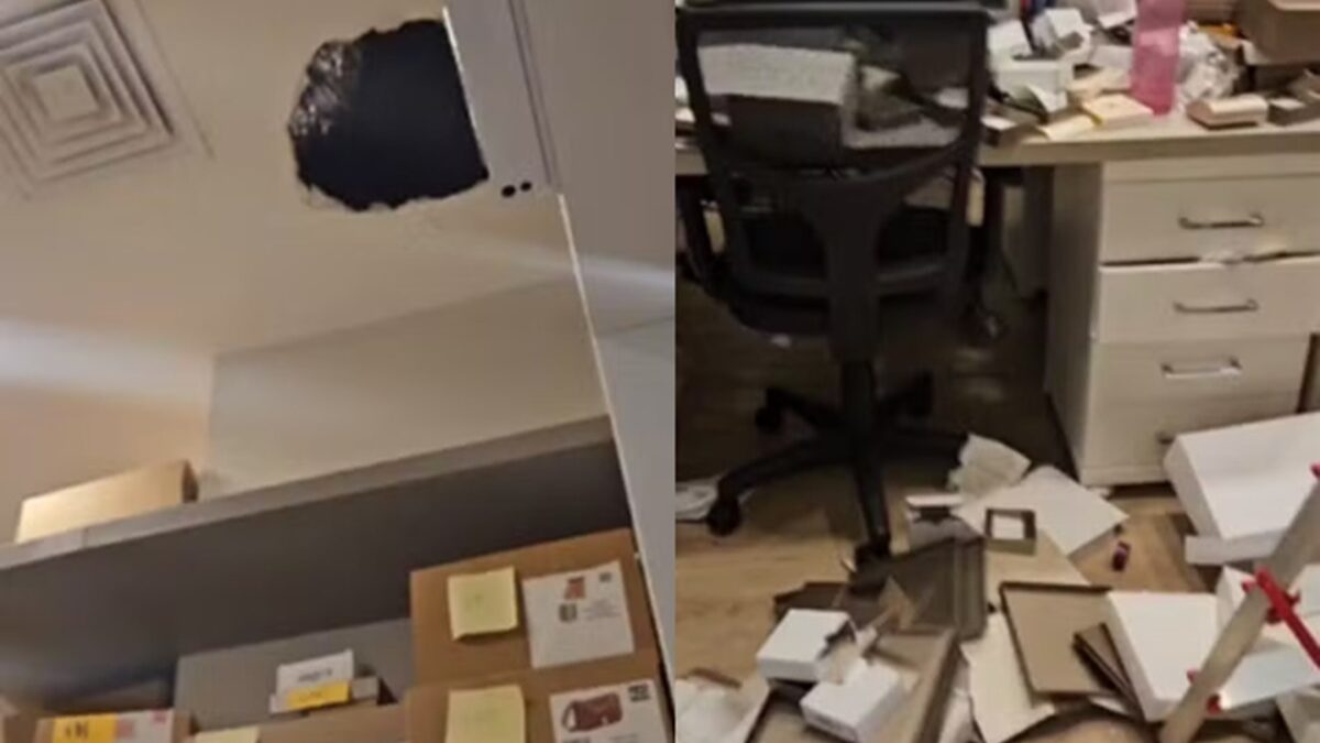 Imagem mostra buraco feito pelos assaltantes que levaram joias e objetos de joalheria em shopping de Goiânia.