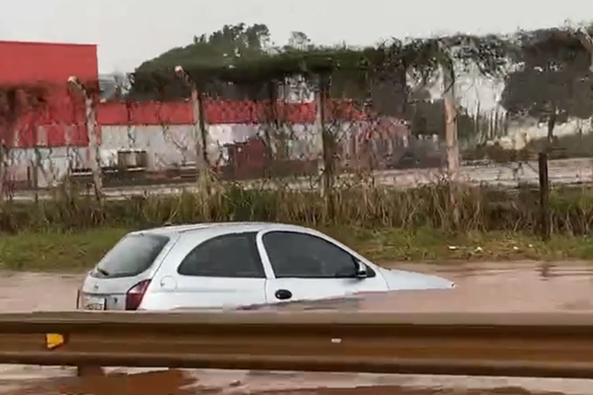 Goiânia: chuvas intensas fazem trecho da GO-060 alagar; carro fica parcialmente submerso