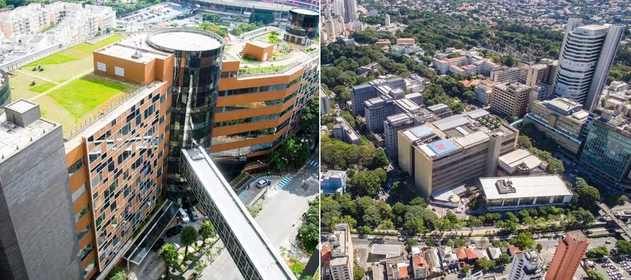 Foto colorida mostra visão aérea de dois dos hospitais brasileiros que figuram em lista de melhores hospitais do mundo (Foto: reprodução/Albert Einstein e USP)