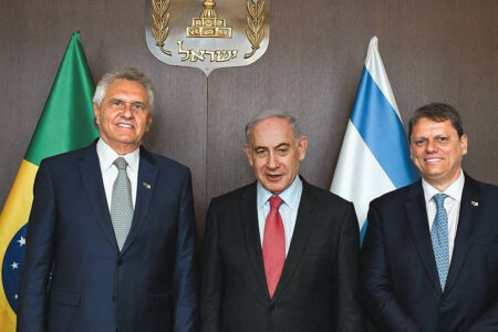 Governador de Goiás, Ronaldo Caiado, o premiê de Israel, Binyamin Netanyahu, e o governador de São Paulo, Tarcísio de Freitas - @ronaldocaiado no Instagram
