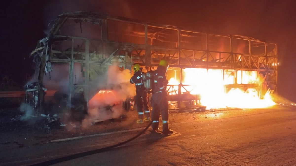 Ônibus de turismo pega fogo (Foto CBMGO)