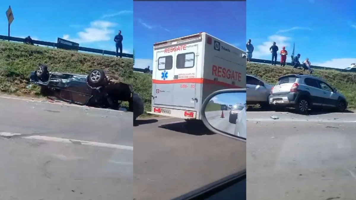 Carro ficou capotado após engavetamento na BR-060