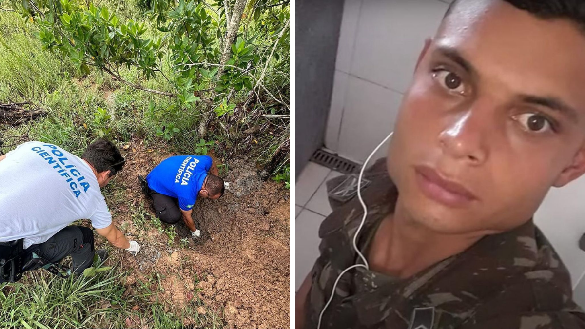 Imagem mostra uma mata onde o corpo do soldado foi encontrado. Ao lado, está a foto dele de farda