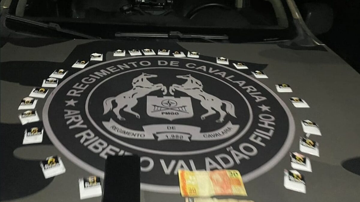 Imagem colorida mostra itens apreendidos sobre capô de viatura da Cavalaria da PM (Foto: divulgação/PM)