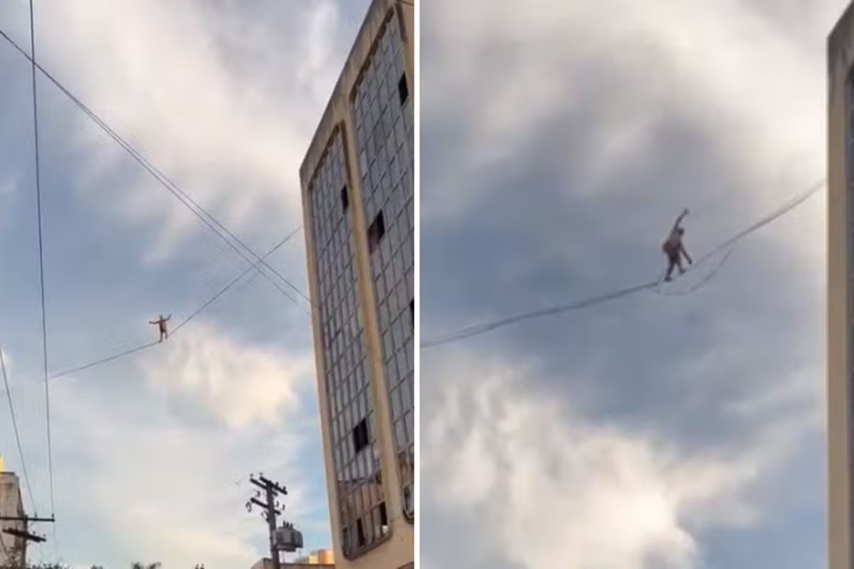 Equilibrista é flagrado sobre corda entre prédios no centro de Goiânia