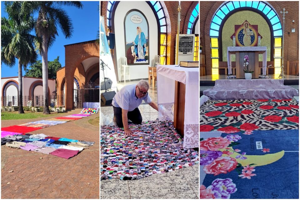 Paróquia de Goiânia faz 'tapete' com cobertores e agasalhos em 'Corpus Christi Solidário'