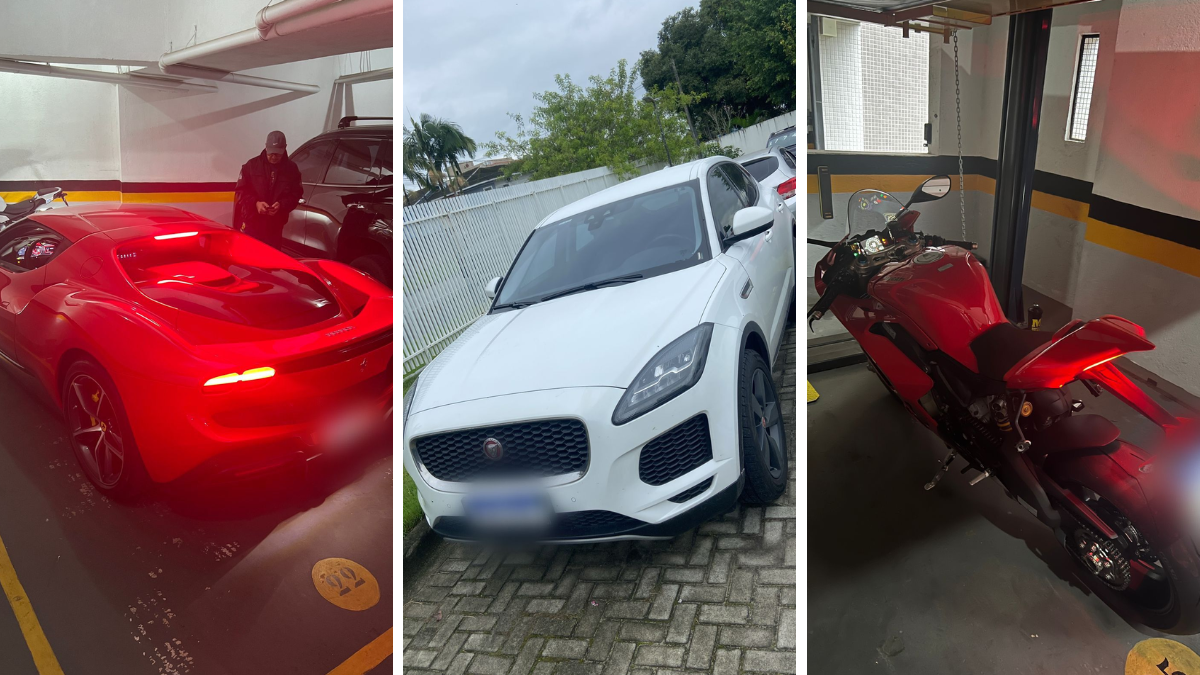 Carros de luxo e moto esportiva apreendidas em operação contra suspeitos de golpe