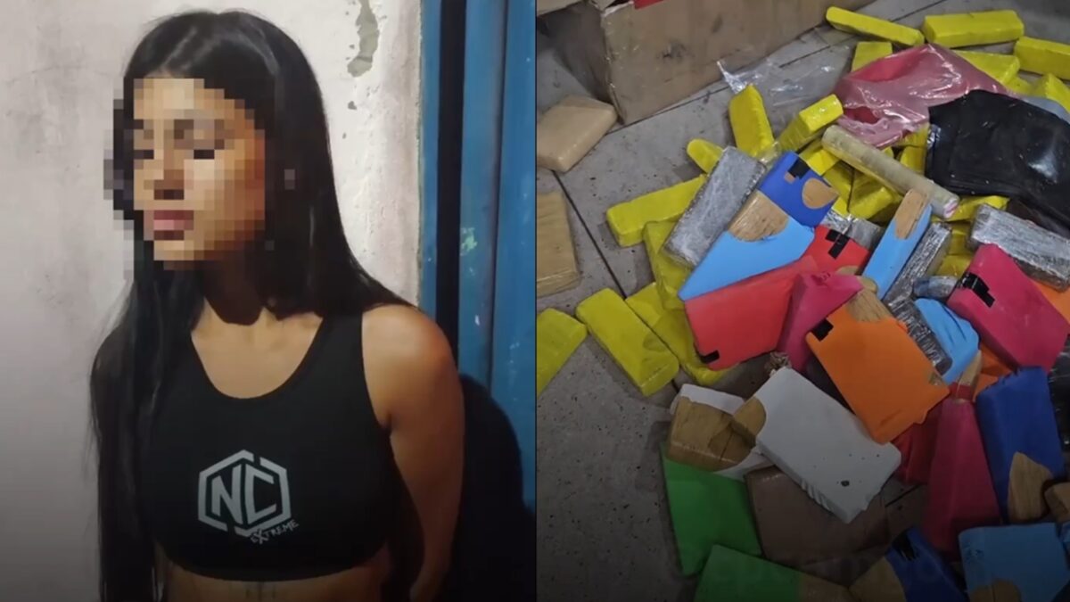 Foto dividida. De um lado uma moça com o cabelo preto. Do outro, pacotes de drogas no chão.