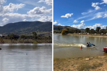 Vídeo mostra homem se afogando e pedindo socorro após moto aquática afundar em lago de Goianésia