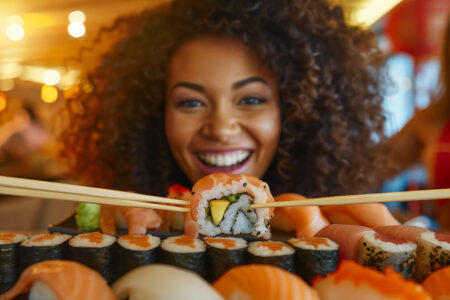 Imagem gerada por IA mostra mulher negra sorrindo ao segurar prato da culinária japonesa