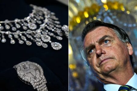 Imagem colorida mostra montagem com fotos de joias do acervo presidencial e do ex-presidente Jair Bolsonaro (Foto: reprodução)