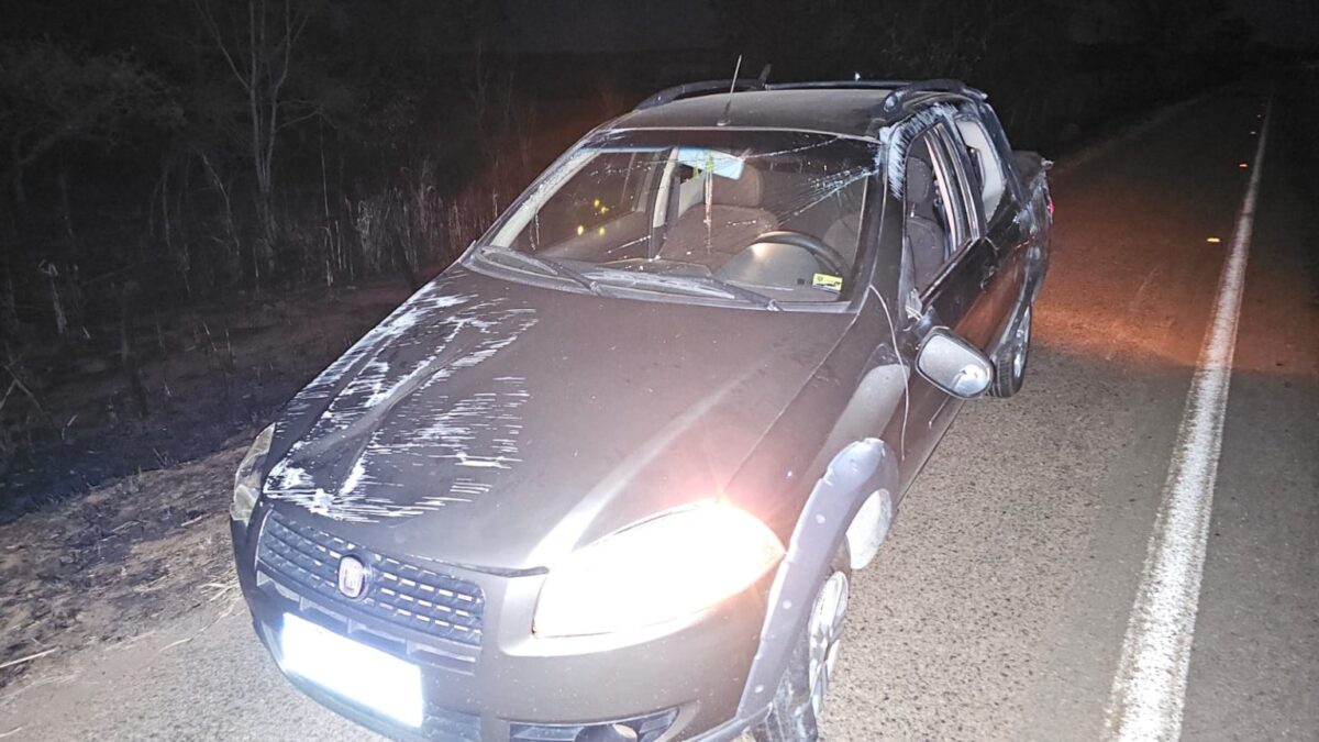 Imagem colorida mostra a frente de um carro preto com o capô destruído e a lanterna acesa após um acidente.