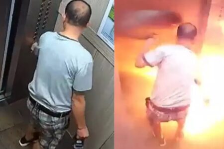 Bateria de bicicleta explode e homem é engolido pelo fogo dentro de elevador (Foto: reprodução)