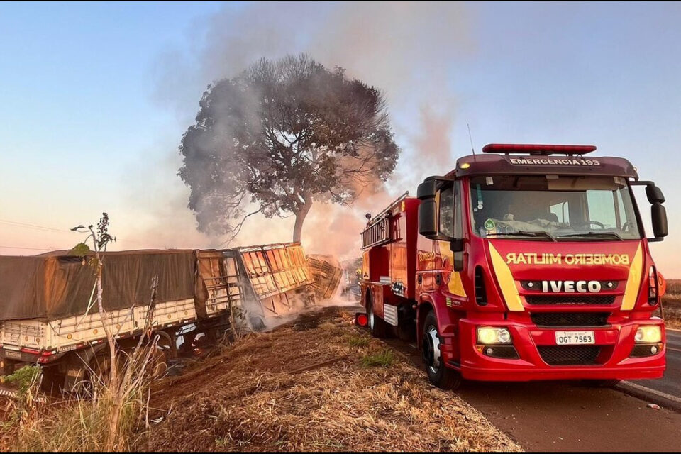 Imagem mostra caminhão queimado que bateu em.uma árvore