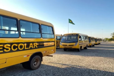 Imagem colorida mostra uma fila de ônibus usados no transporte escolar. Todos nas cores amarelo e preto.