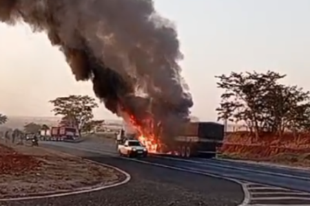 Caminhão carregado de soja pega fogo na BR-364, em São Simão