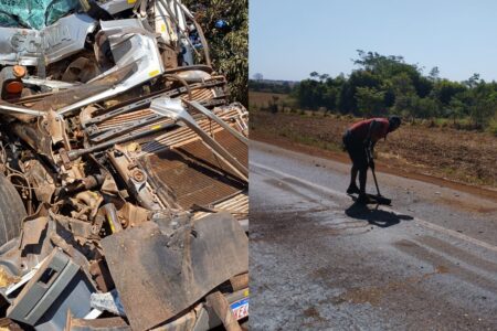 Imagem dividida mostra de um lado a frente de um caminhão destruída após um acidente. Do outro lado, um andarilho varrendo a rodovia após atuar no resgate de feridos (Fotos: PRF)