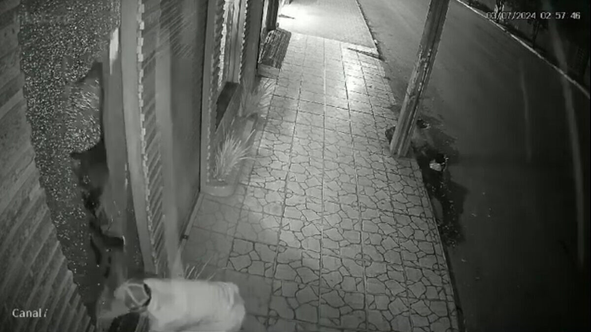 Imagem em preto e branco mostra um homem quebrando a porta de vidro de uma joalheria para invadir o local.