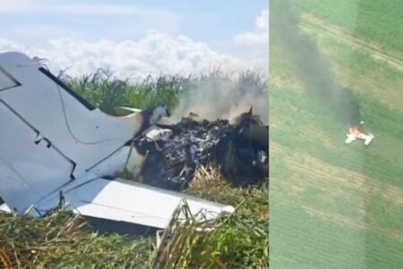 Montagem de fotos coloridas mostram destroços do avião abatido pela Venezuela