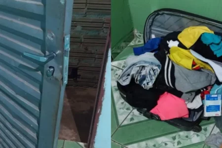 Imagem dividida mostra uma porta arrombada e roupas jogadas no chão