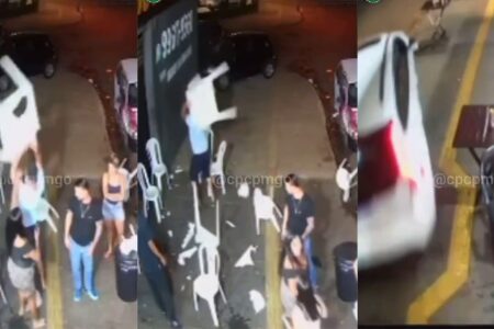 Nervoso com falta de atendimento em distribuidora de bebidas, homem joga carro contra clientes em Goiânia