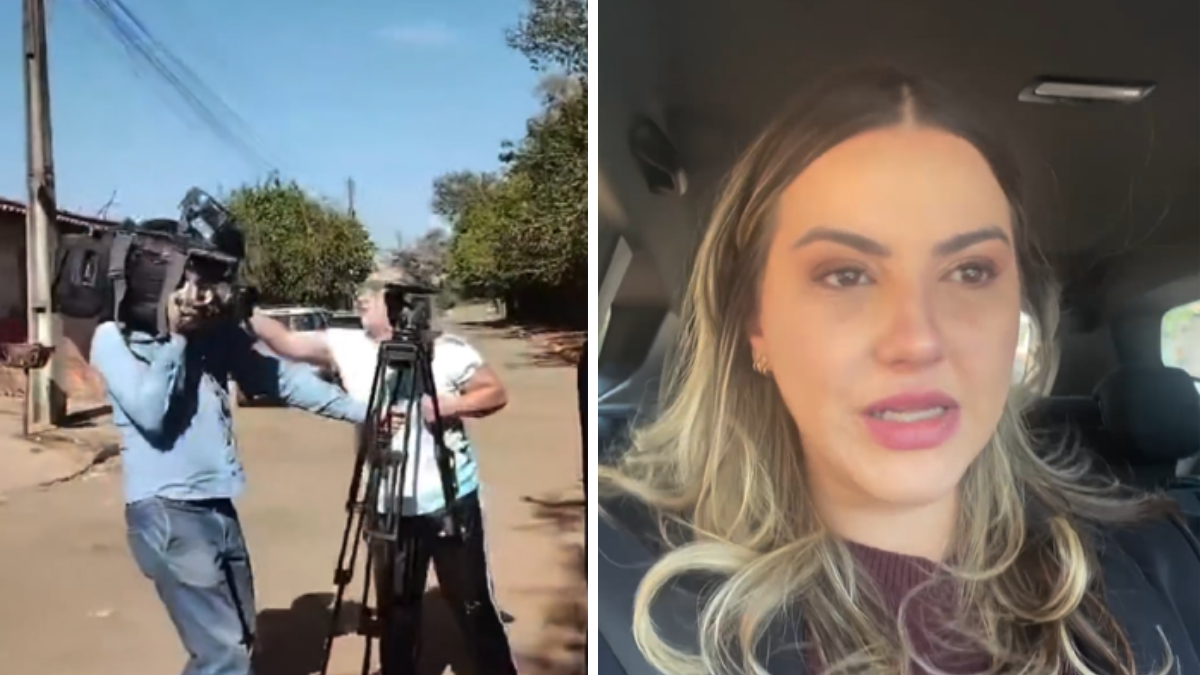 À esquerda, momento em que equipe era agredida pela responsável pelo abrigo | à direita, repórter Esthéfany Araújo contando sobre o ocorrido