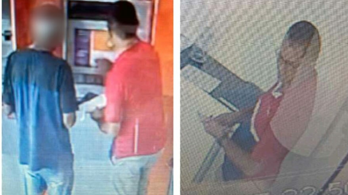 Imagem dividida mostra o momento em que suspeito aplica golpes contra idosos em caixa eletrônico