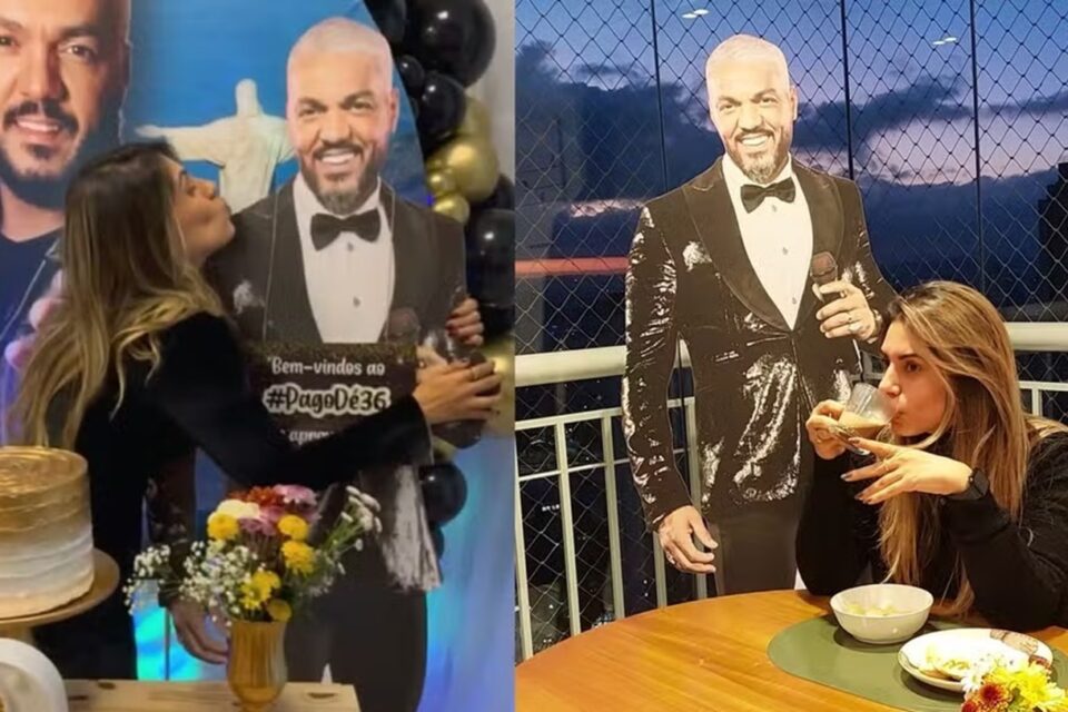 Mulher viraliza por aniversário temático do Belo, e totem faz sucesso: Tomo café da manhã com ele Nutricionista ganhou a bela festa