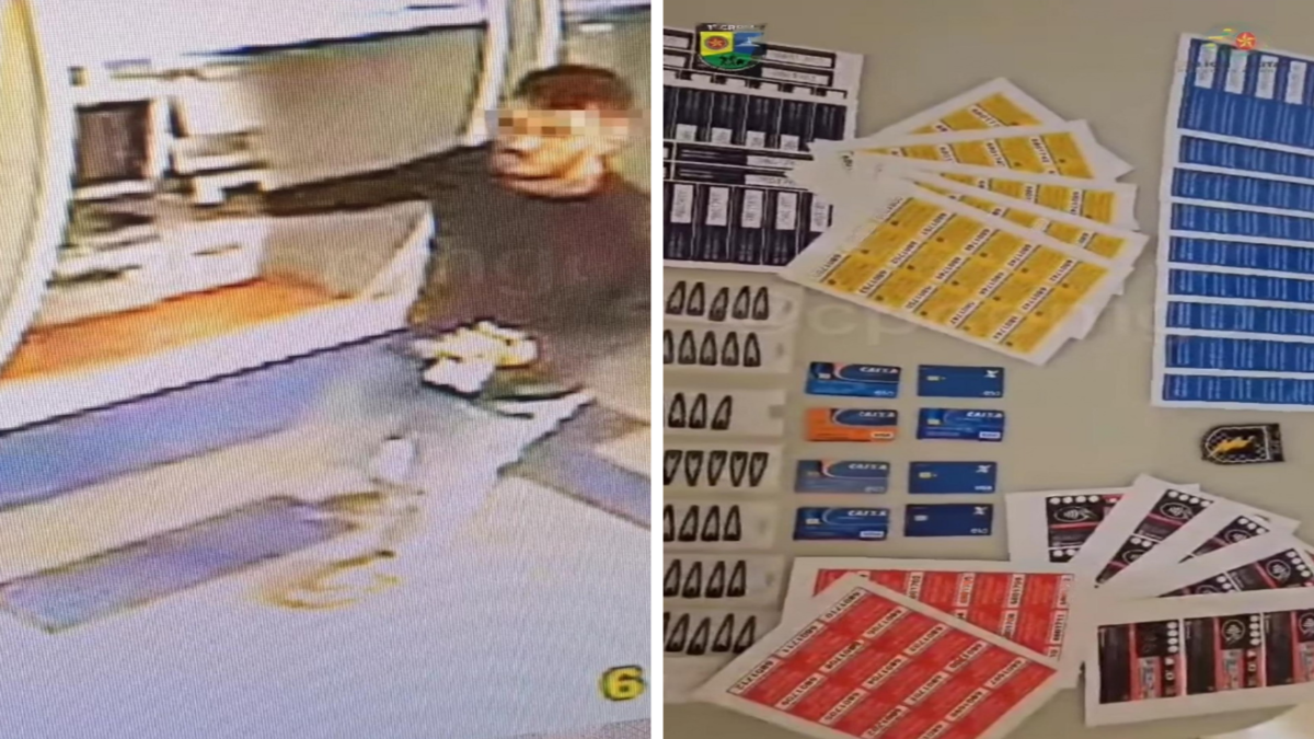 Imagem dividida mostra de um lado um homem de blusa preta com a mão em um caixa eletrônico. Do outro uma mesa com cartões de banco, presilhas de cabelo e outros papéis apreendidos
