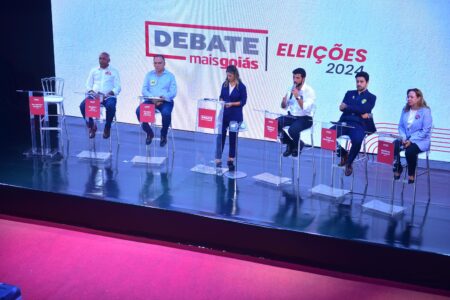 Candidatos à prefeitura de Goiânia no debate do Mais Goiás (Foto: Jucimar de Sousa/Mais Goiás)