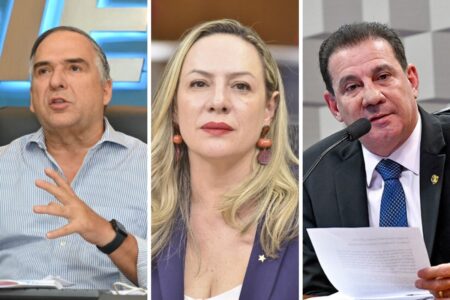 Montagem colorida mostra candidatos à Prefeitura de Goiânia em ordem de intenção de votos: Mabel, Adriana e Vanderlan (Fotos: divulgação)