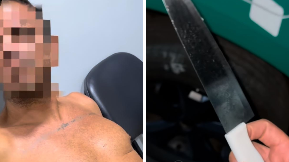Imagem colorida e dividida mostra de um lado um homem sentado e sem camisa. Do outro, uma faca na mão de um policial.
