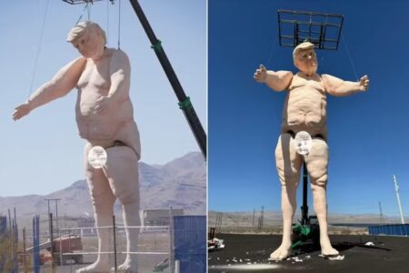 Estátua gigantesca de Trump pelado é inaugurada em Las Vegas Escultura de 13 metros de altura vai percorrer os EUA