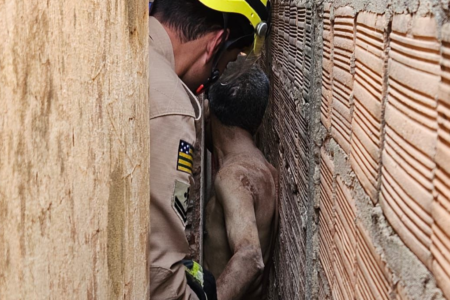 Imagem colorida mostra um homem sem camisa entre duas paredes de tijolo e um bombeiro realizando o resgate.