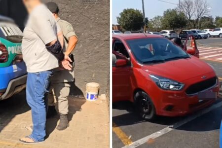 Imagem colorida e dividida mostra um homem algemado do lado esquerdo e um carro vermelho do lado direito.