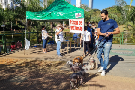 Imagem colorida mostra um ponto de vacinação antirrábica em Goiânia