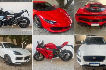 Imagem mostra alguns carros e motos caras