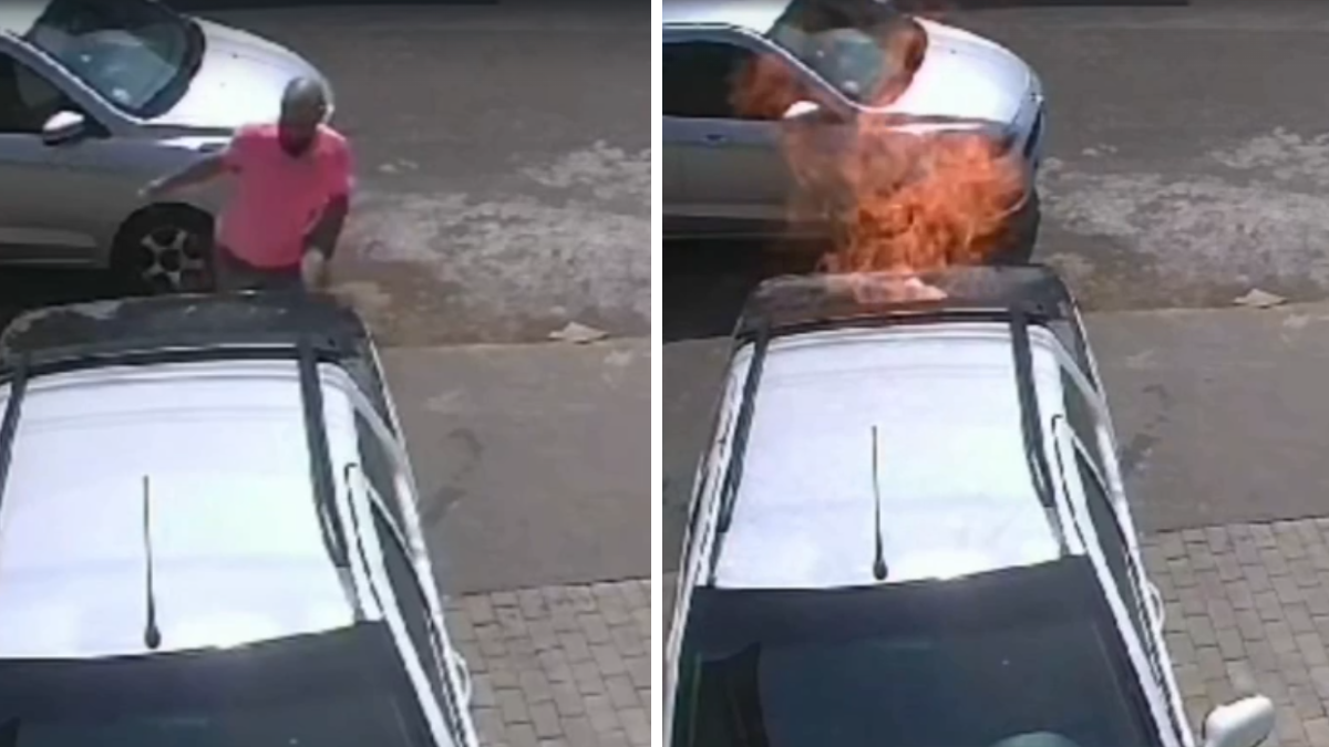 Momento em que homem ateia fogo em carro, em Rio Verde (Reprodução)