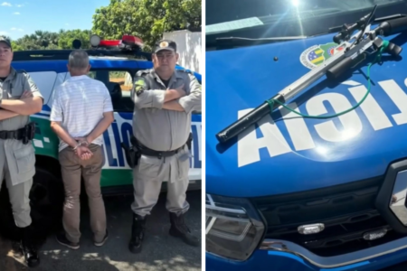 Imagem dividida mostra, de um lado um homem algemado entre dois policiais e, do outro, uma arma em cima do capô de uma viatura da Polícia Militar de Goiás