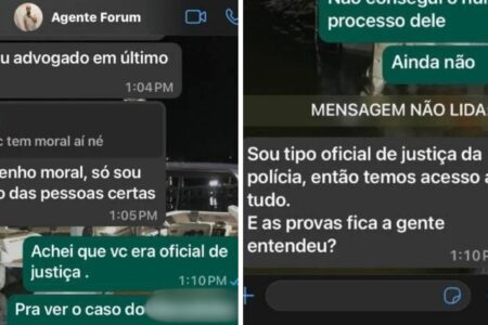 Imagem colorida mostra o print de uma conversa do WhatsApp