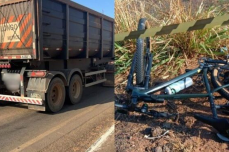 Imagem dividida e colorida mostra, de um lado, parte de uma carreta de um caminhão e do outro uma bicicleta caída após ser atingida pelo veículo.