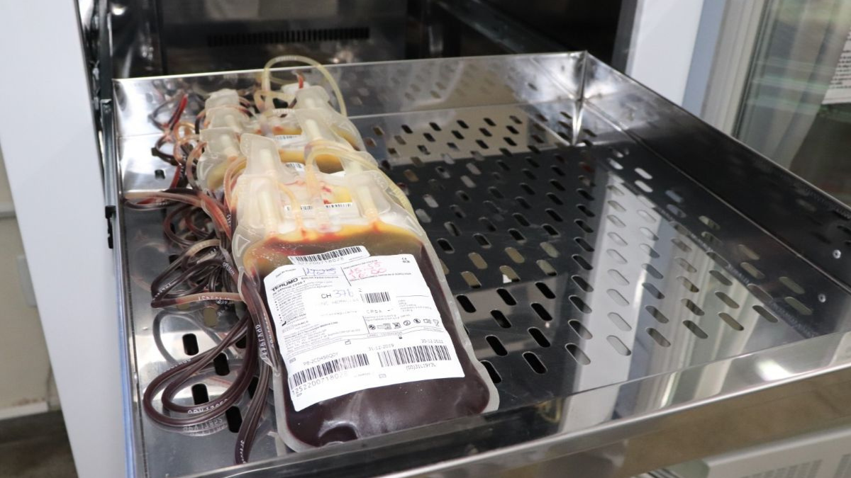 Imagem colorida mostra uma bolsa de sague em uma gaveta.