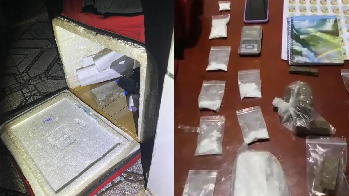 Imagem colorida mostra uma mochila de entregador do lado esquerdo e, do lado direito, vários papelotes com drogas.