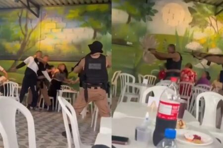 Armado com fuzil, homem invade festa infantil no Paraná e tenta fazer reféns; vídeo Policiais aparecem rendendo e imobilizando o suspeito